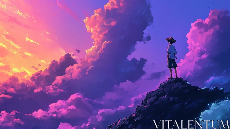 Boy on rocky peak under vivid purple and orange sky.