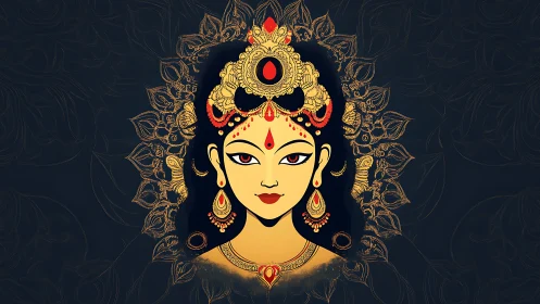Divine goddess portrait with ornate gold mandala halo.