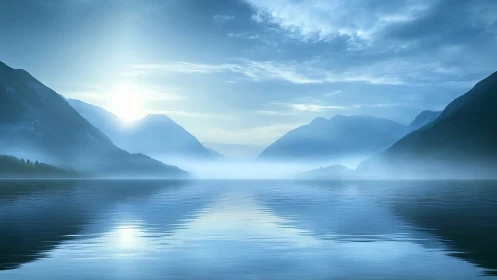 Sunlit mist aligns with distant mountains across calm water