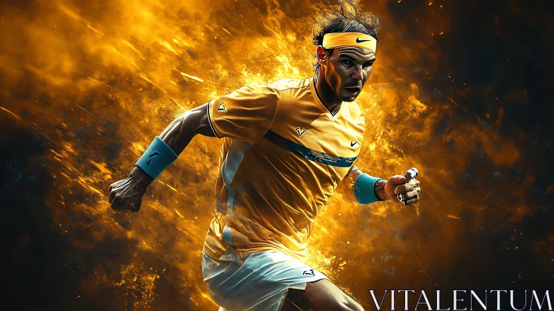 Male tennis player running with fiery abstract backdrop.