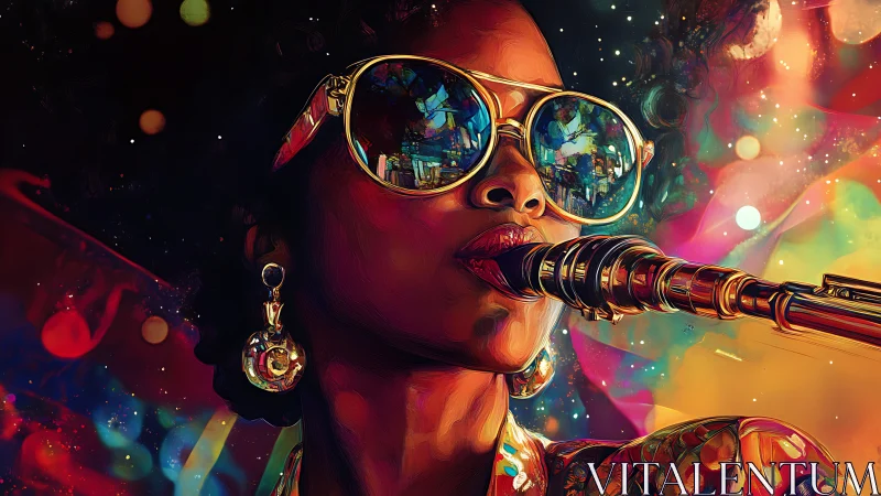 Saxophonist wearing reflective sunglasses plays in neon light