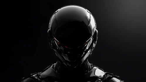 Glossy black humanoid robot head in dark studio lighting.