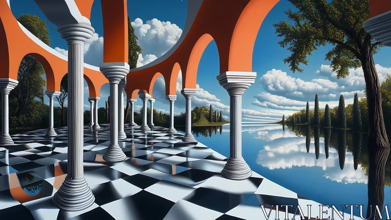 Surreal colonnade over reflective lake with warped checker floor.