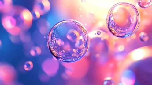 Shimmering soap bubbles drift through dreamy pastel light