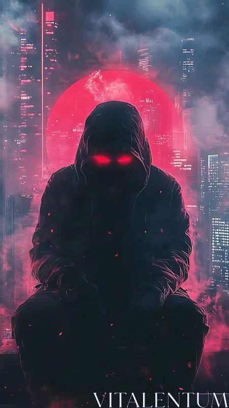 Neon-eyed dusk watcher before a bleeding cyber moon.