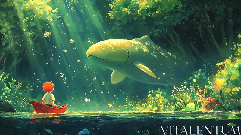 Luminous forest river encounter with child and spectral whale.