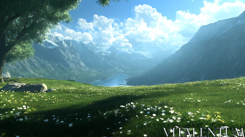 High-altitude valley meadow renders sunlit atmospheric depth