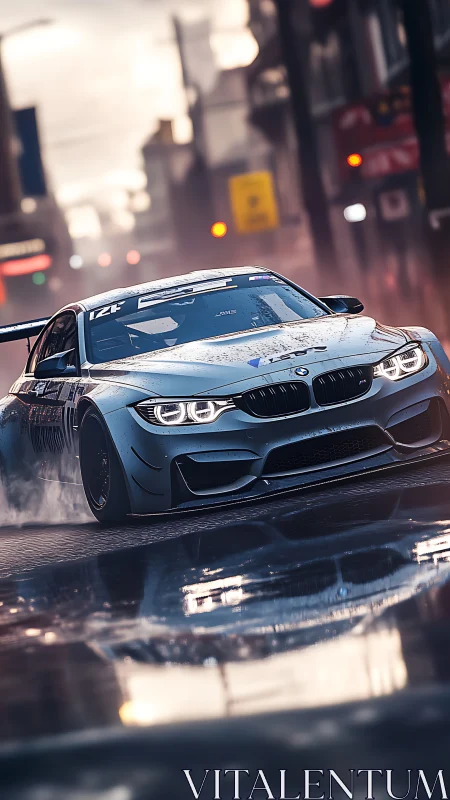 Dynamic urban race car drift in cinematic photorealistic frame.
