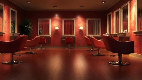 Cinematic red salon interior with symmetrical mirror layout.