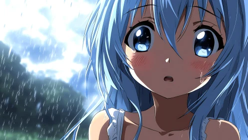 Blue haired anime girl stands stunned in summer rain