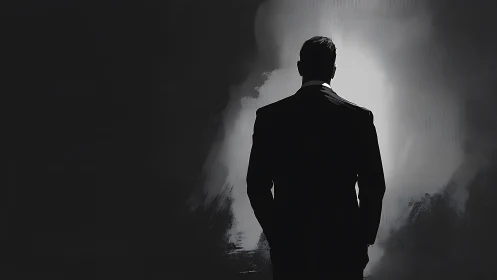 Silhouetted man in suit stands before bright foggy light