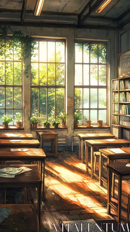 Sunlit empty classroom with lush window plants at dusk.