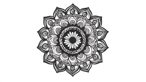 Radially symmetric ink mandala with floral tessellation core.