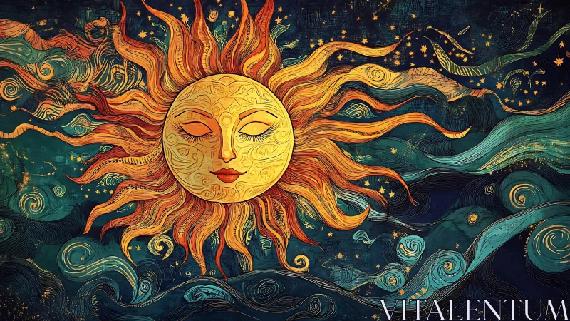 Stylized sun with facial features occupies central swirling sky