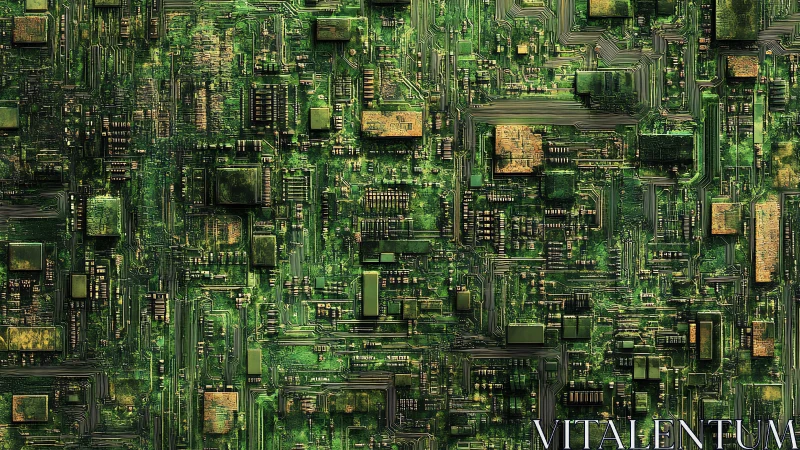 Emerald motherboard maze glows with dense electronic pathways