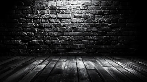 Monochrome brick wall and wooden floor under directed light.