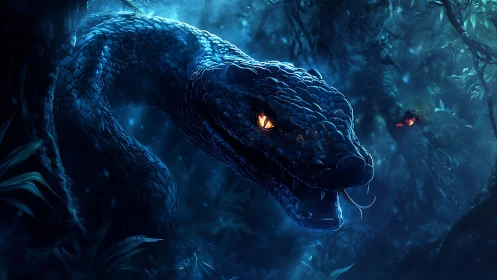 Bioluminescent serpent stalks twilight jungle canopy