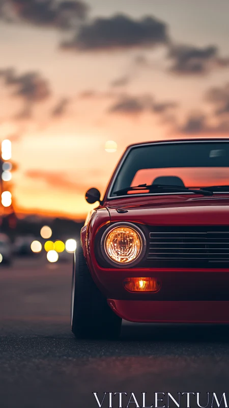 Photorealistic low-angle portrait of vintage red coupe at dusk.