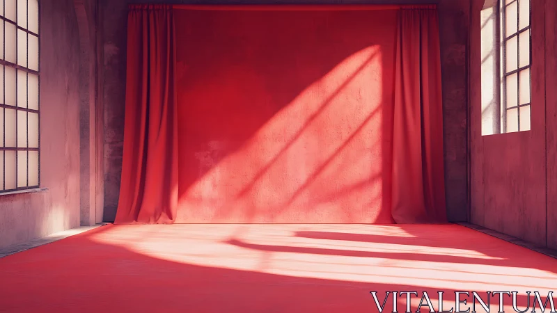 Red fabric backdrop in sunlit industrial interior space.
