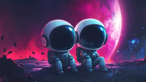 Tiny lunar dreamers share neon twilight on a strange moon