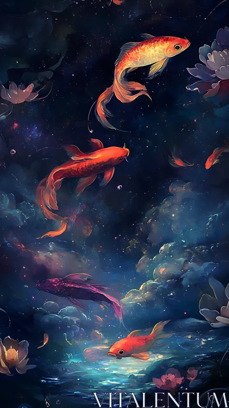 Celestial koi drift through starlit water and nebula dreams.