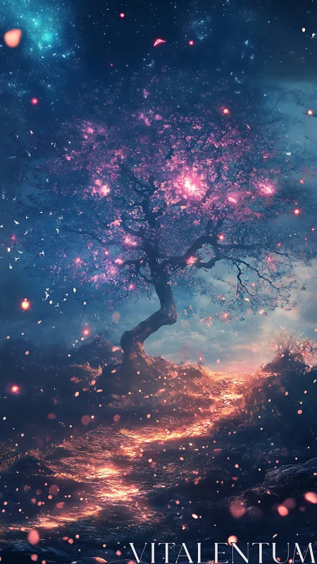 Luminescent tree beside glowing path under starry sky.