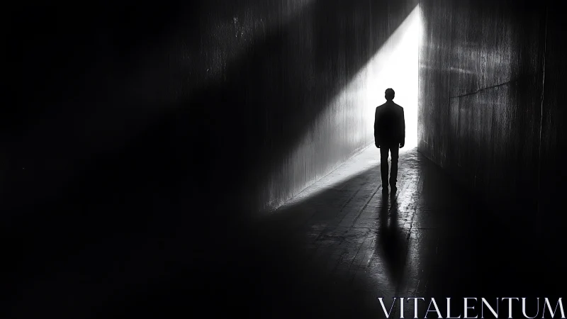 Silhouette of solitary figure in dark corridor toward light.
