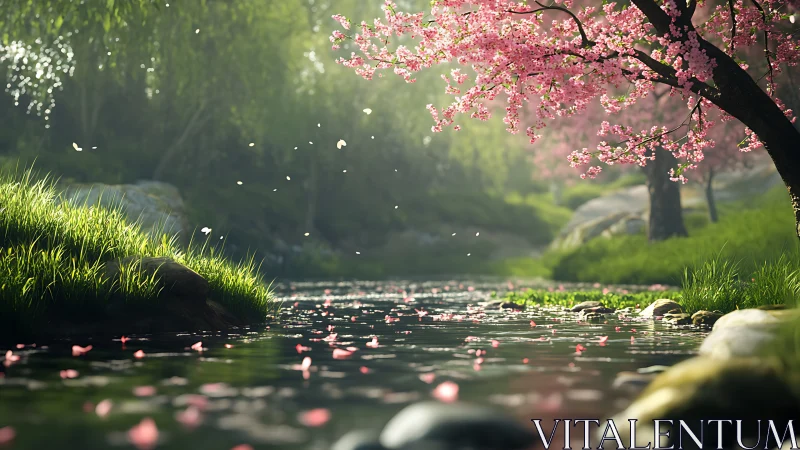 Whispering cherry creek under soft green morning hush.