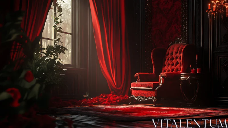 Crimson velvet throne in moody baroque candlelit chamber.