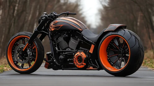 Custom black and orange chopper motorcycle on forest road.