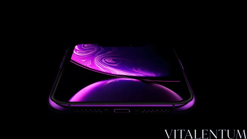 Modern smartphone with glowing purple screen in dark minimal style.