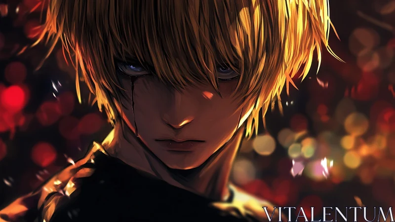 Brooding blonde warrior framed by molten bokeh light.