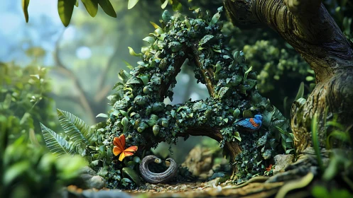 Alphabetic topiary A form with dense foliage, butterfly and bird