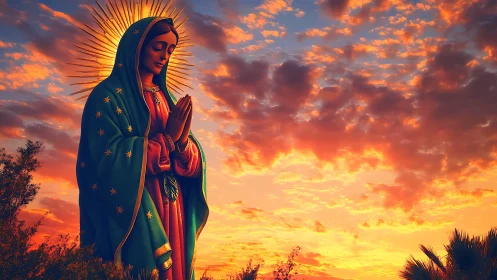 Serene robed figure prays beneath a radiant sunset sky