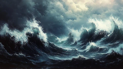 Storm-tossed ocean waves under turbulent clouded sky.