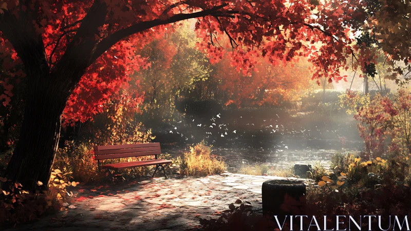 Autumn park bench under red foliage by a quiet pond.