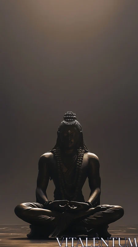 Serene dark metal yogic statue in centered meditation pose.