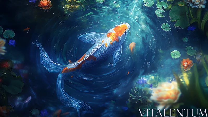 Digital koi pond study with luminous ripples and lilies.