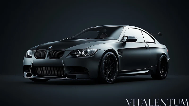 Sleek dark BMW sports coupe rendered in dramatic studio light.