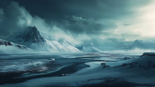 Snow-covered mountain range and frozen coastal plain panorama.