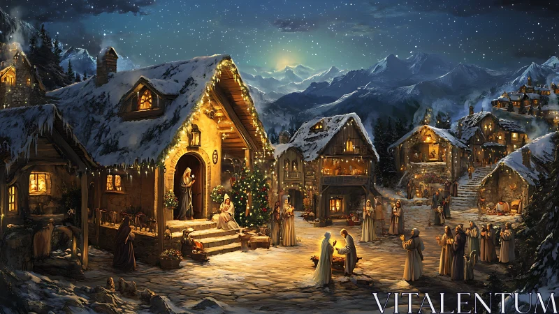 Snowy nativity village under starlit mountain skies at night.