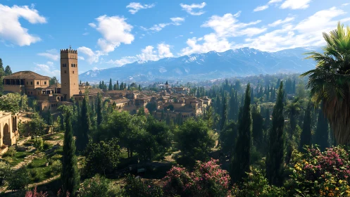 Sunlit hilltop citadel lounges beneath snowbright mountains