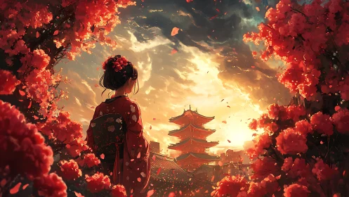 Woman in kimono facing pagoda at sunset among blossoms.