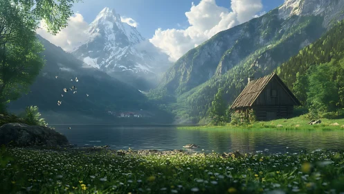 Quiet lakeside cabin nestles below a sunlit alpine peak