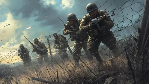 Storm-line soldiers race through wire and wind toward fire.