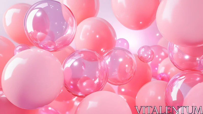 Pink Bubbles Floating in Soft Light, Digital 3D Render Art.