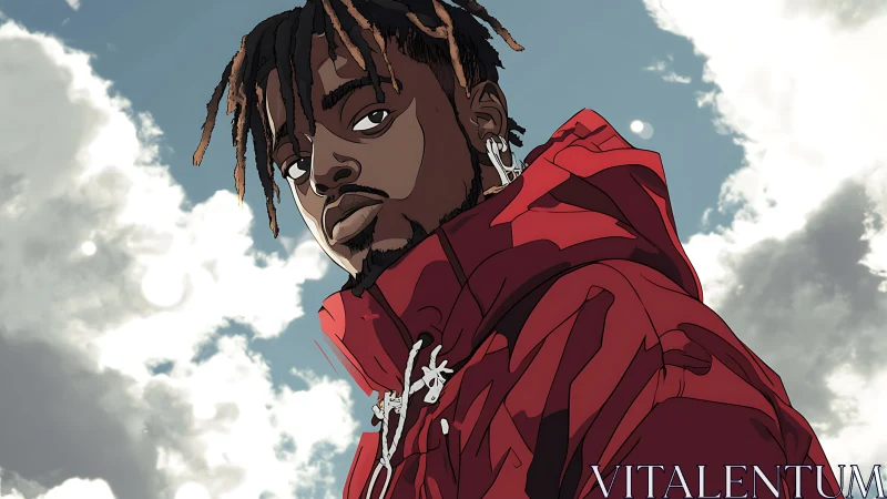 Cel-shaded portrait of hooded figure under diffuse backlit clouds