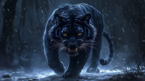 Black tiger walking in snowy nocturnal forest scene.