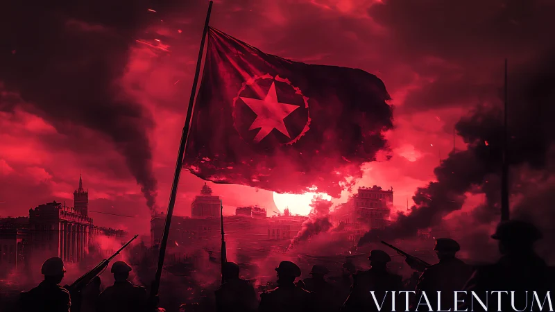 War-torn city skyline under a blood-red revolutionary banner.