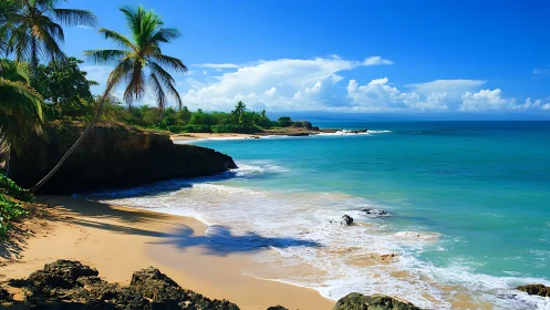 Tropical Paradise Beach Cove with Palm Trees and Turquoise Waters.